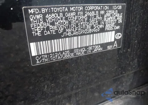 2009 Lexus Es 350 from USA, damaged, VIN JTHBJ46GX92289969